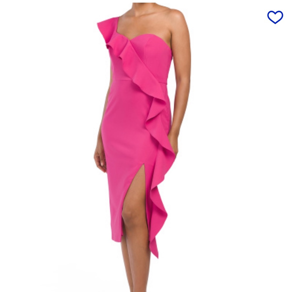 Bright pink midi dress w. slit and ruffle detail, SZ6